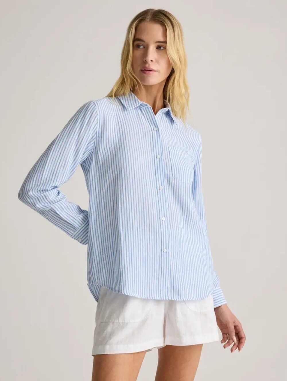 Quince Women's 100% Organic Cotton Gauze Long Sleeve Shirt Lg Blue/White Stripe